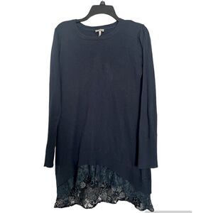 LOGO Lori Goldstein navy blue long sleeve lace hem long length top size S